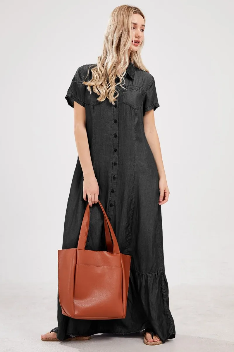 Chouyatou Womens Short Sleeve Denim Maxi Dress Casual Loose Fit Button Down Long Jean Dresses