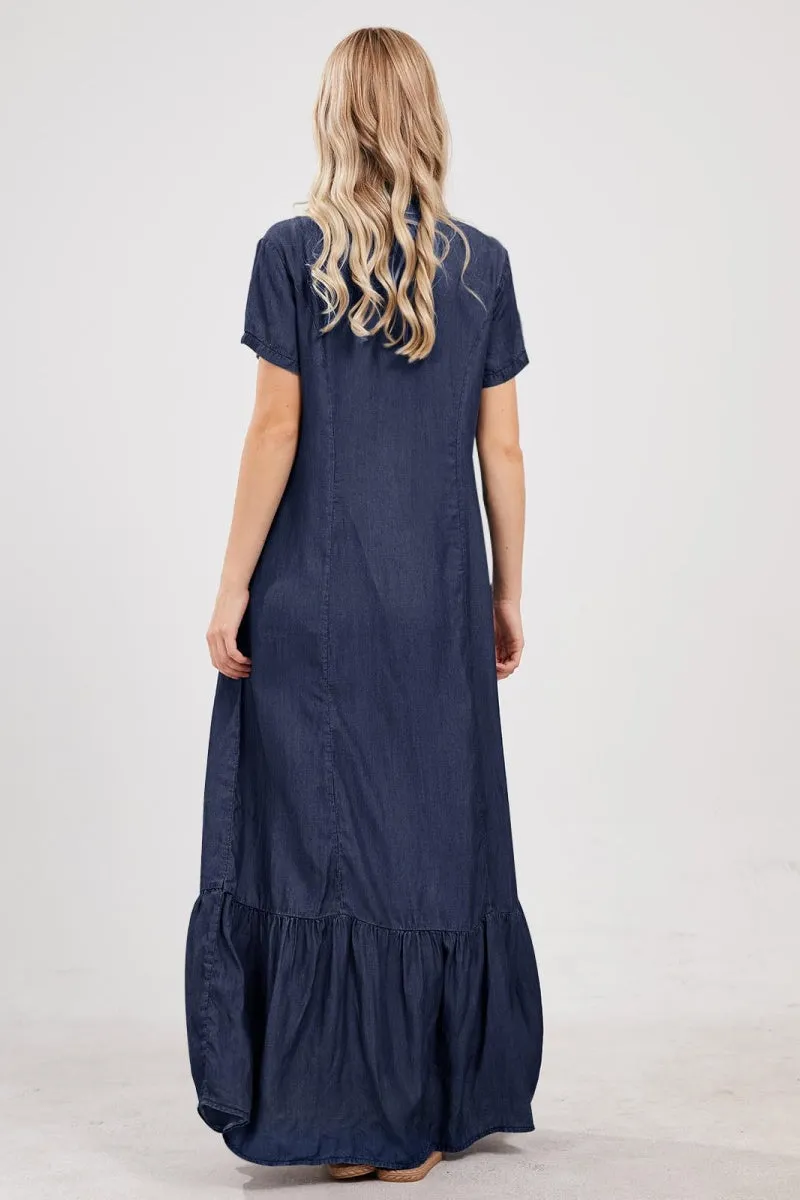 Chouyatou Womens Short Sleeve Denim Maxi Dress Casual Loose Fit Button Down Long Jean Dresses