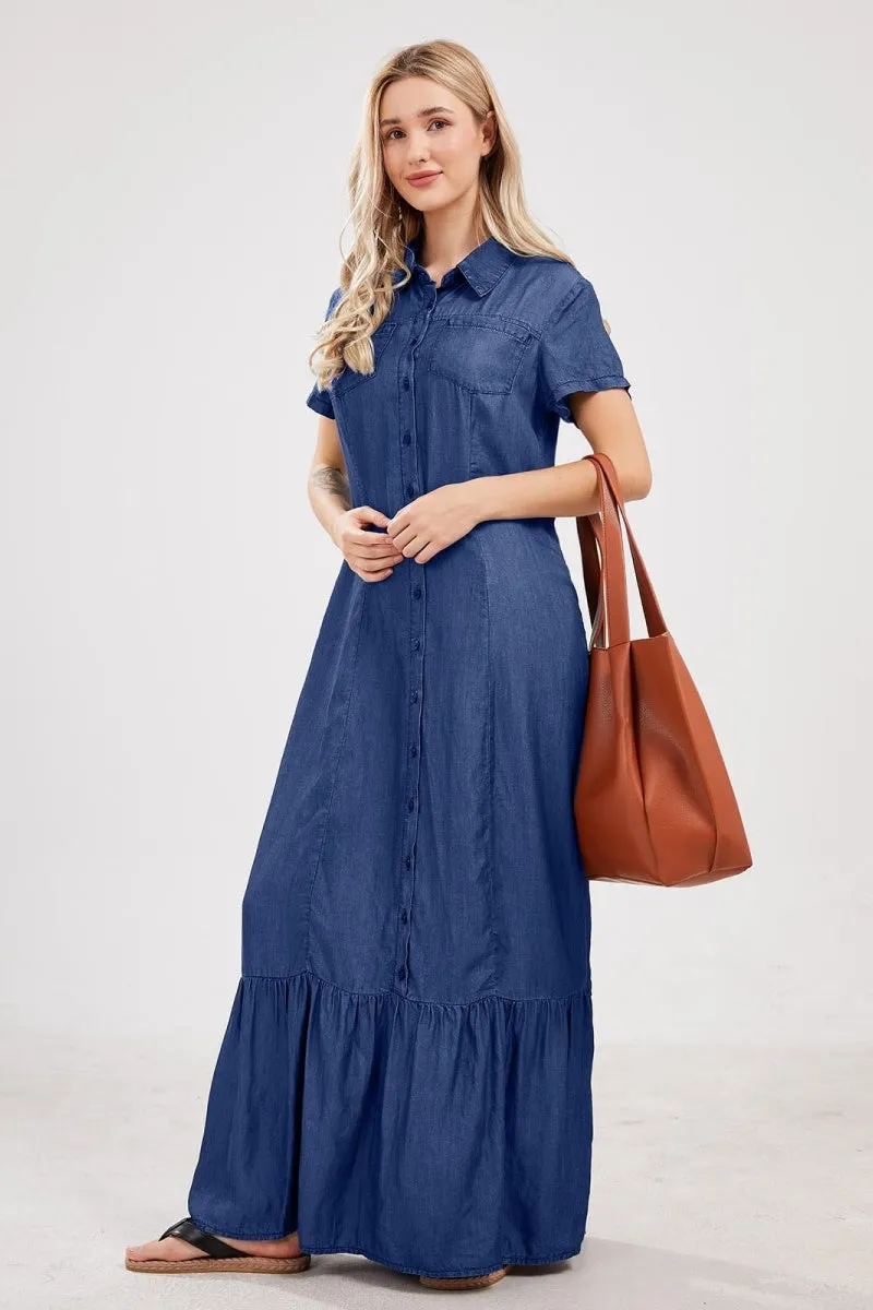 Chouyatou Womens Short Sleeve Denim Maxi Dress Casual Loose Fit Button Down Long Jean Dresses