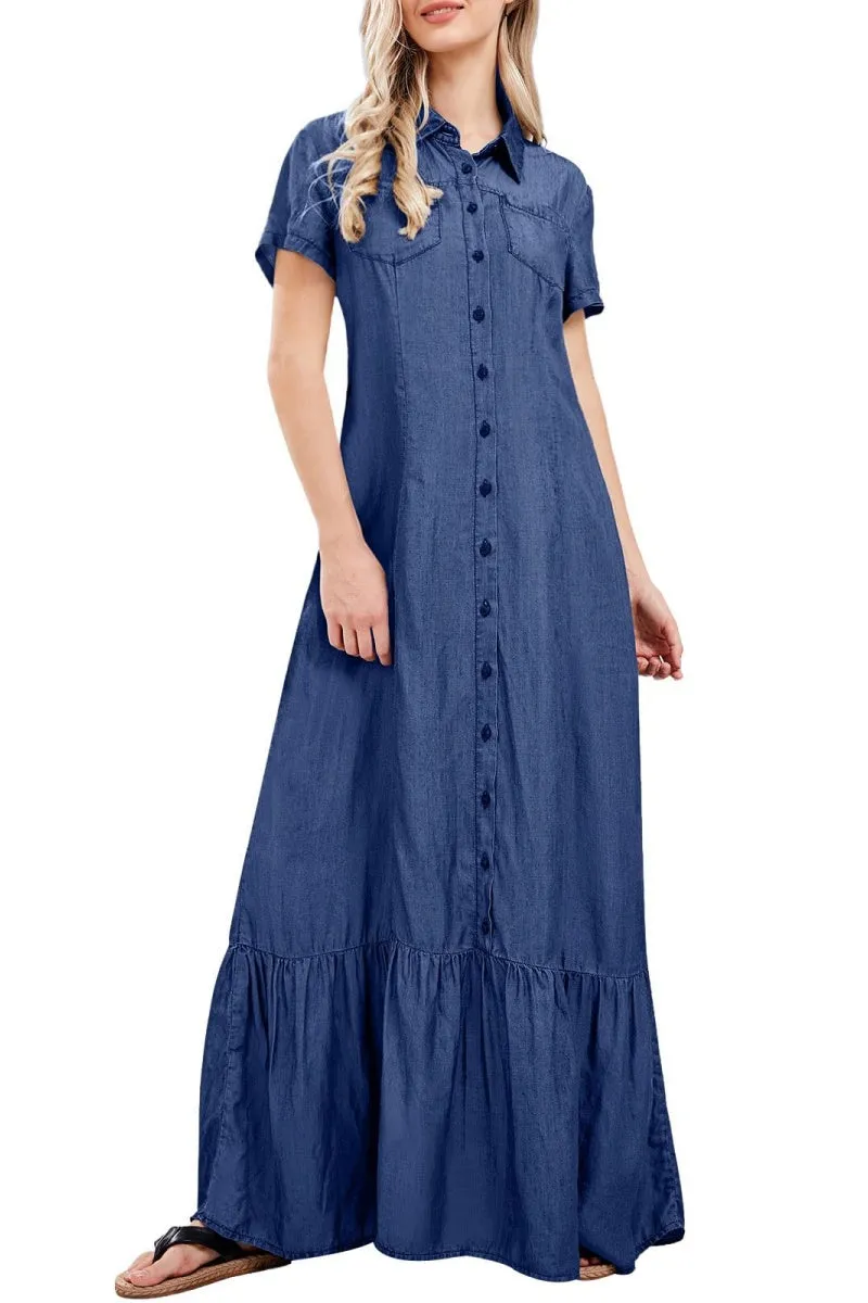 Chouyatou Womens Short Sleeve Denim Maxi Dress Casual Loose Fit Button Down Long Jean Dresses