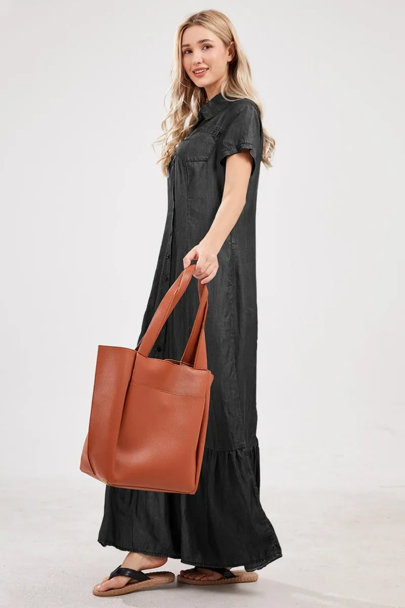 Chouyatou Womens Short Sleeve Denim Maxi Dress Casual Loose Fit Button Down Long Jean Dresses