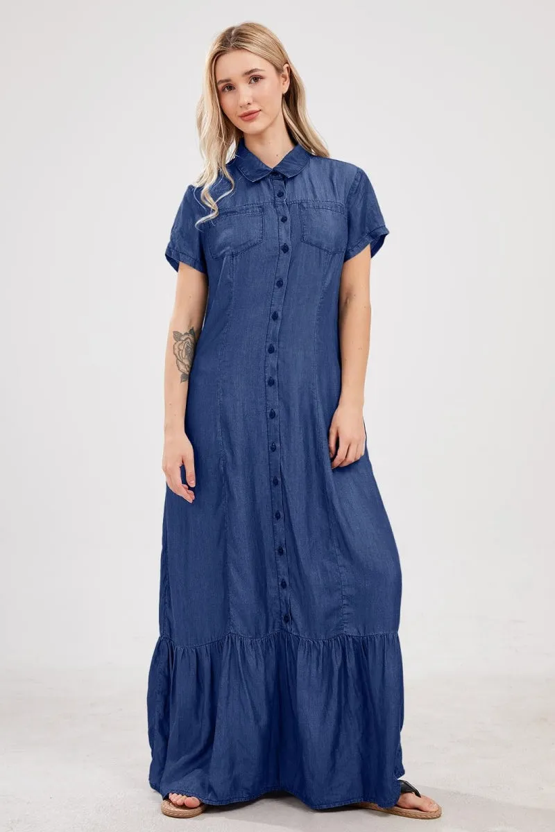 Chouyatou Womens Short Sleeve Denim Maxi Dress Casual Loose Fit Button Down Long Jean Dresses