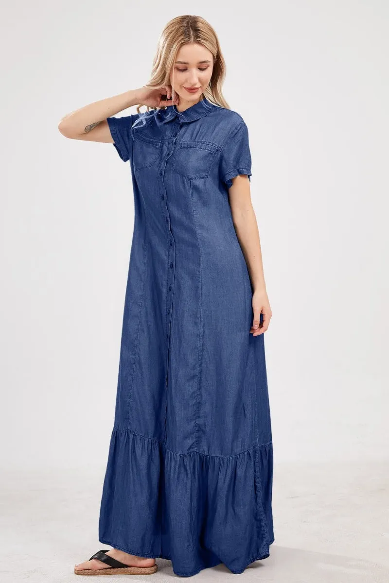 Chouyatou Womens Short Sleeve Denim Maxi Dress Casual Loose Fit Button Down Long Jean Dresses