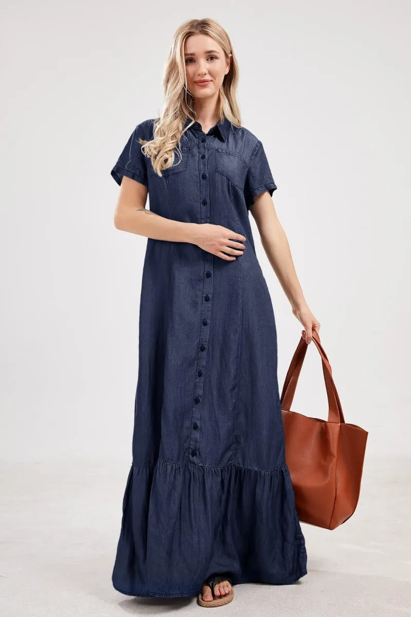 Chouyatou Womens Short Sleeve Denim Maxi Dress Casual Loose Fit Button Down Long Jean Dresses