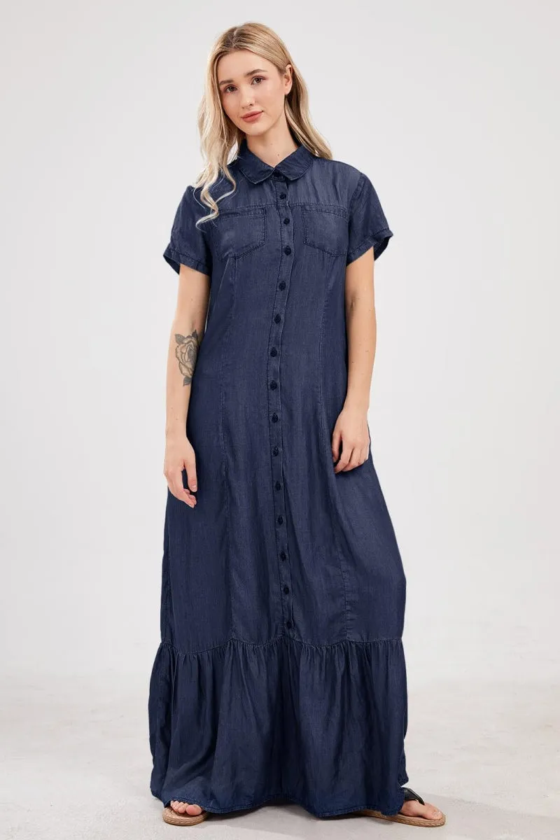 Chouyatou Womens Short Sleeve Denim Maxi Dress Casual Loose Fit Button Down Long Jean Dresses