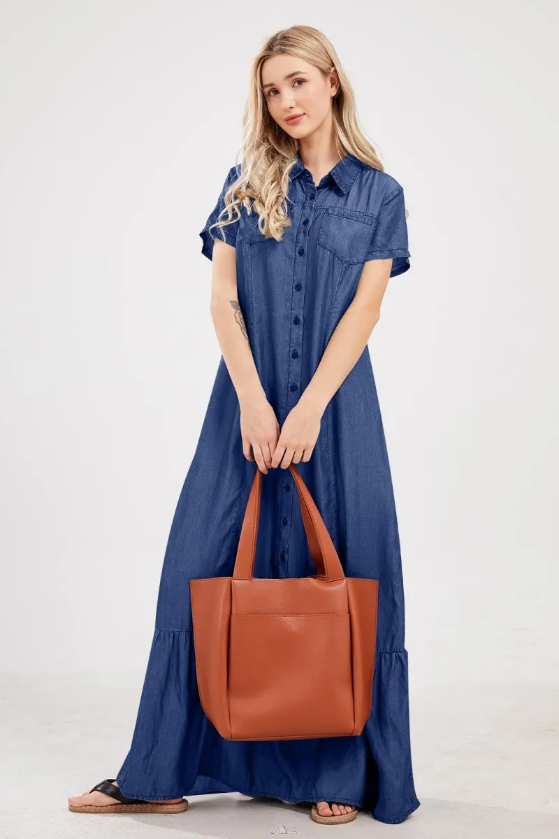 Chouyatou Womens Short Sleeve Denim Maxi Dress Casual Loose Fit Button Down Long Jean Dresses
