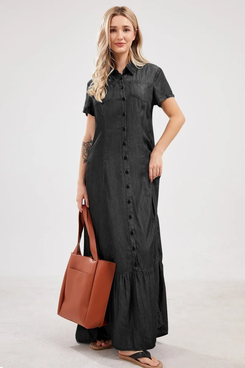 Chouyatou Womens Short Sleeve Denim Maxi Dress Casual Loose Fit Button Down Long Jean Dresses