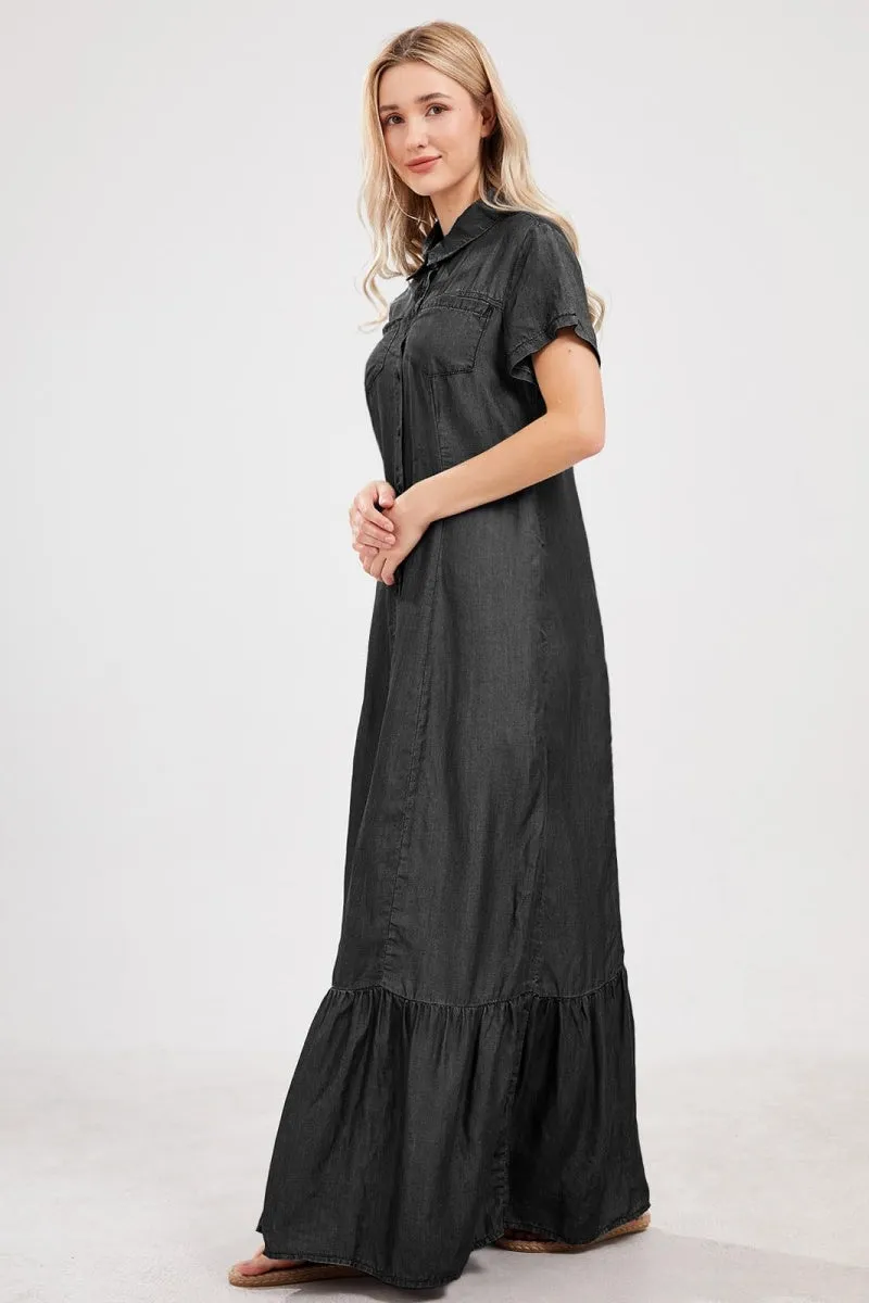 Chouyatou Womens Short Sleeve Denim Maxi Dress Casual Loose Fit Button Down Long Jean Dresses