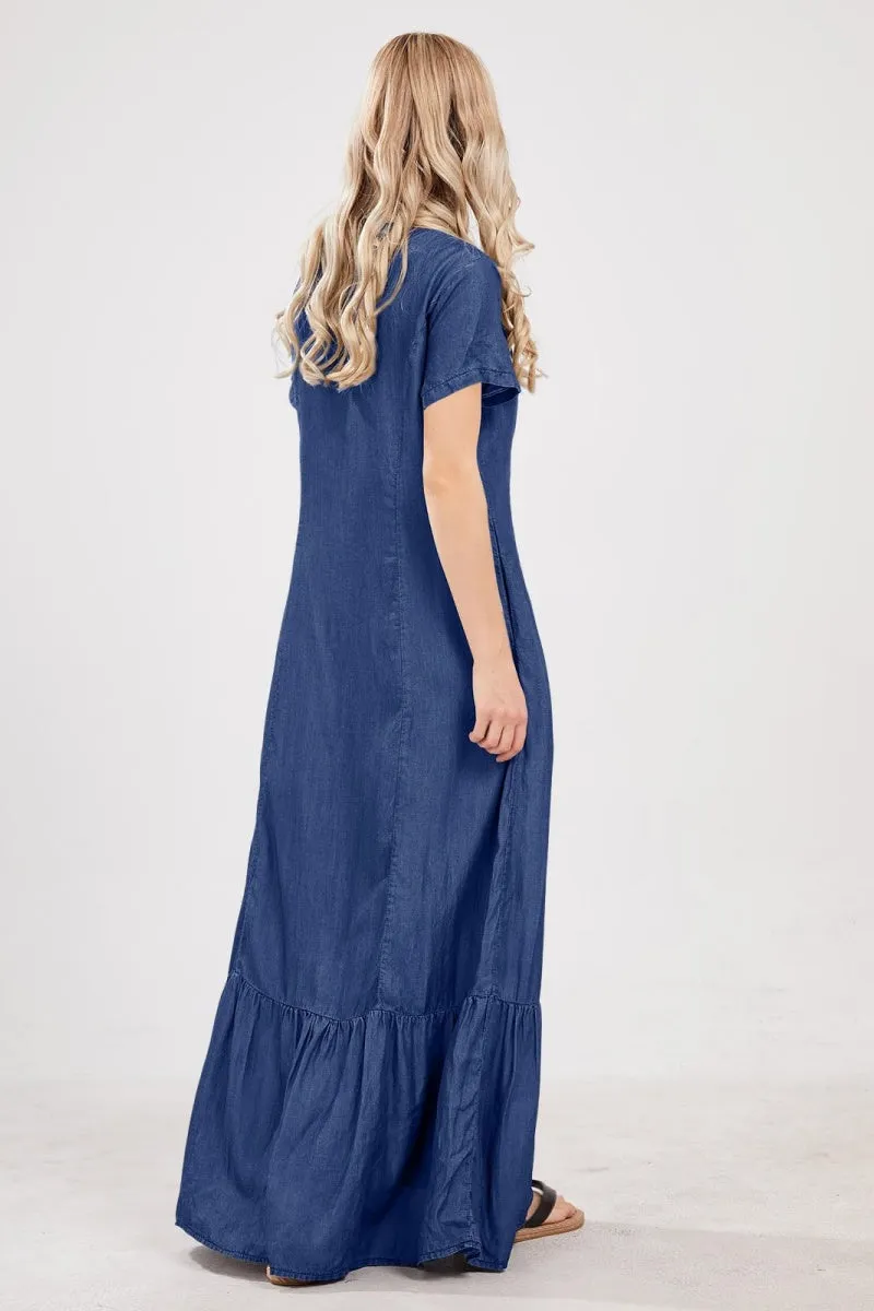 Chouyatou Womens Short Sleeve Denim Maxi Dress Casual Loose Fit Button Down Long Jean Dresses