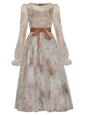 Ciana Long sleeve Belt Printed High waist Mesh Party Midi Dress