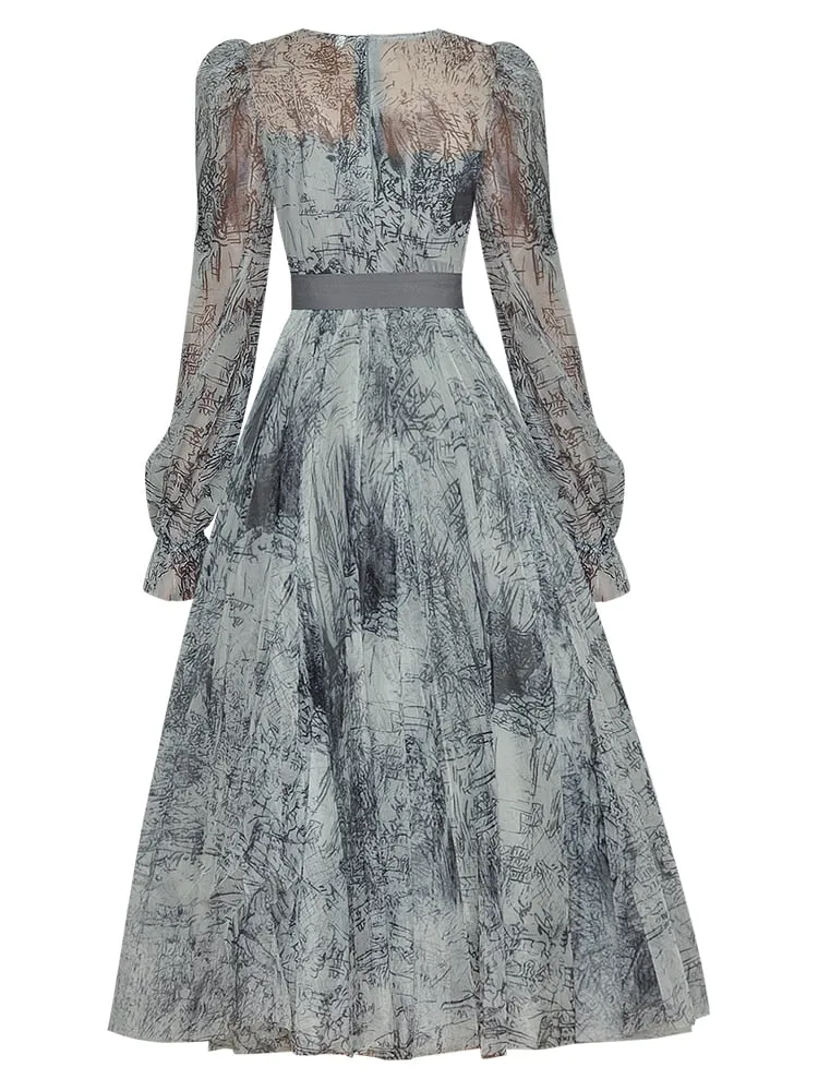 Ciana Long sleeve Belt Printed High waist Mesh Party Midi Dress