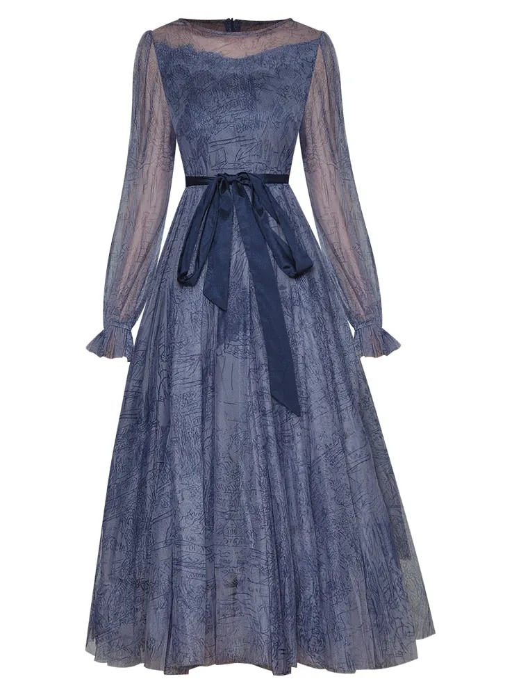Ciana Long sleeve Belt Printed High waist Mesh Party Midi Dress
