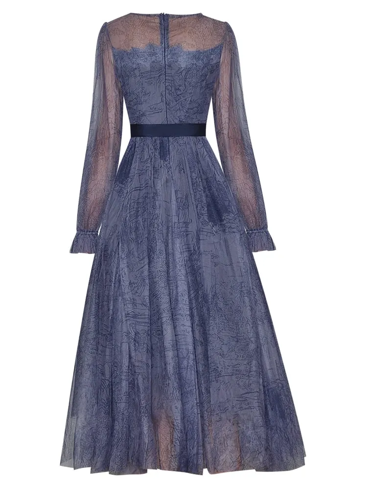 Ciana Long sleeve Belt Printed High waist Mesh Party Midi Dress