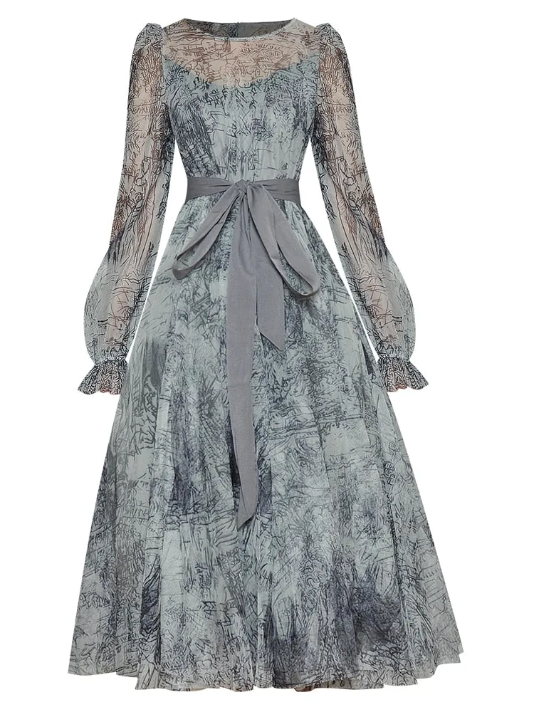 Ciana Long sleeve Belt Printed High waist Mesh Party Midi Dress