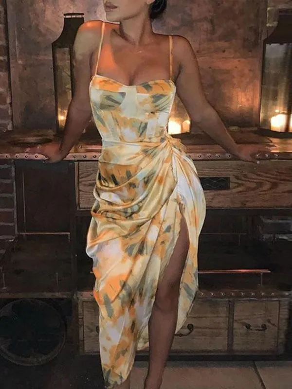 CM-D101220 Women Elegant European Style Spaghetti Strap Draped Slip Midi Dress - Yellow