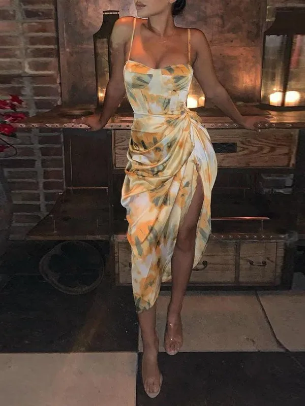 CM-D101220 Women Elegant European Style Spaghetti Strap Draped Slip Midi Dress - Yellow