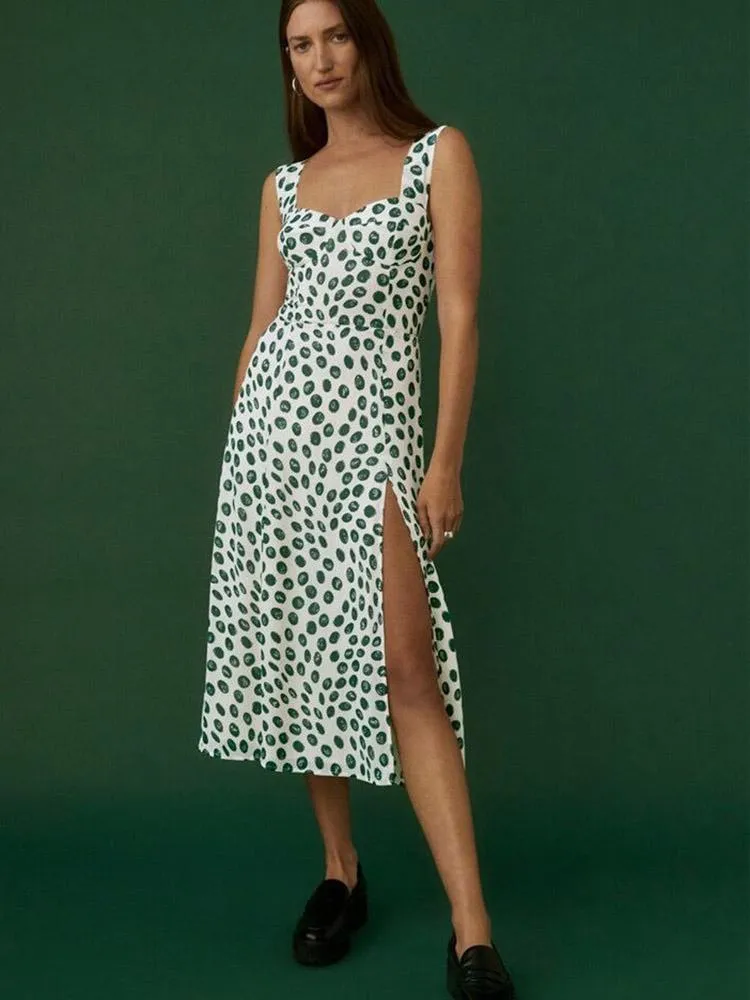 CM-D122414 Women Elegant European Style Printed Split Sleeveless Dress