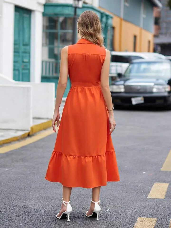 CM-DS045543 Women Casual Seoul Style Solid Button Front Sleeveless Ruffle Hem Dress - Orange
