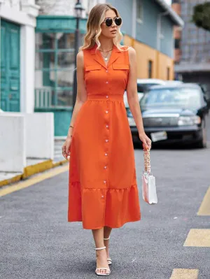 CM-DS045543 Women Casual Seoul Style Solid Button Front Sleeveless Ruffle Hem Dress - Orange