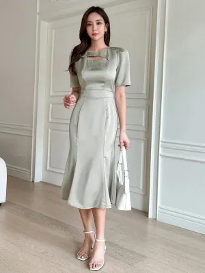 CM-DS097737 Women Elegant Seoul Style Short Sleeve Solid Mermaid Hem Dress - Mint Green