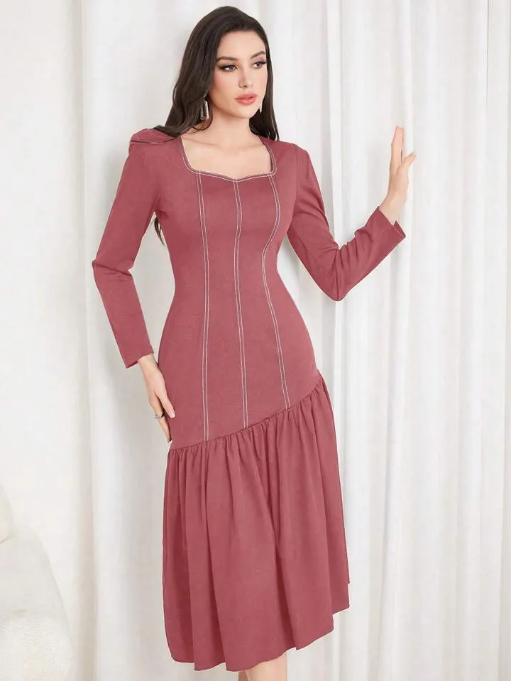 CM-DS185754 Women Casual Seoul Style Sweetheart Neckline Long Sleeve Ruffle Hem Midi Dress - Pink