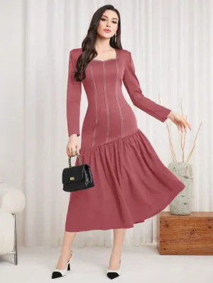 CM-DS185754 Women Casual Seoul Style Sweetheart Neckline Long Sleeve Ruffle Hem Midi Dress - Pink