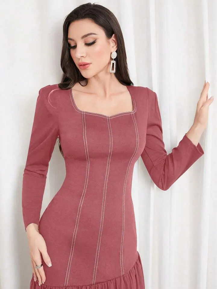 CM-DS185754 Women Casual Seoul Style Sweetheart Neckline Long Sleeve Ruffle Hem Midi Dress - Pink