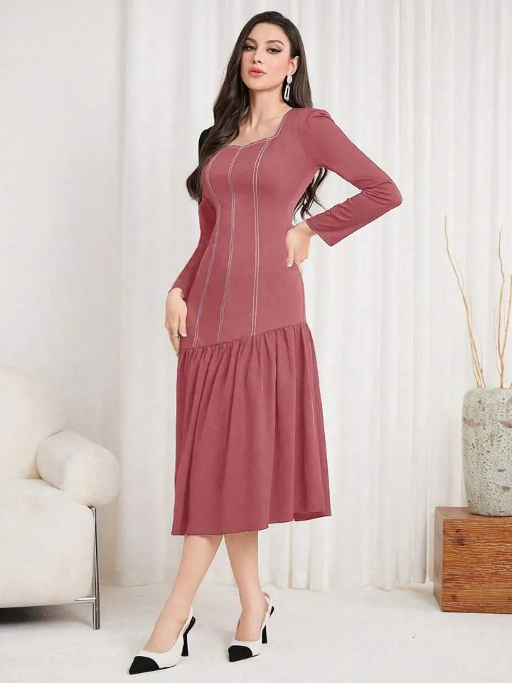 CM-DS185754 Women Casual Seoul Style Sweetheart Neckline Long Sleeve Ruffle Hem Midi Dress - Pink