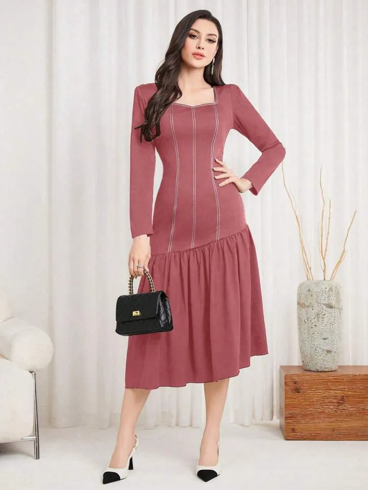 CM-DS185754 Women Casual Seoul Style Sweetheart Neckline Long Sleeve Ruffle Hem Midi Dress - Pink