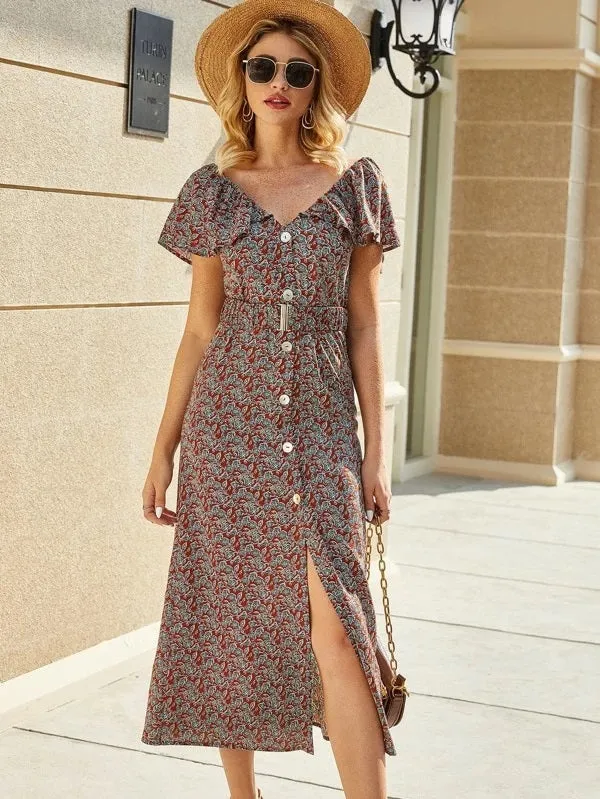 CM-DS210678 Women Casual Seoul Style Buckle Belted Ruffle Neck Floral Print Shirt Dress