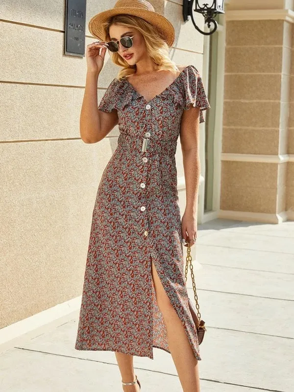 CM-DS210678 Women Casual Seoul Style Buckle Belted Ruffle Neck Floral Print Shirt Dress