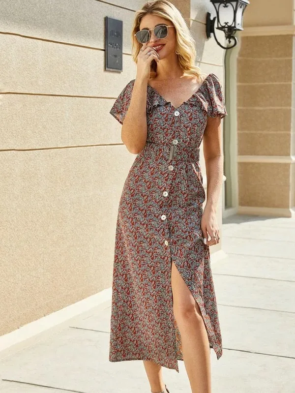 CM-DS210678 Women Casual Seoul Style Buckle Belted Ruffle Neck Floral Print Shirt Dress
