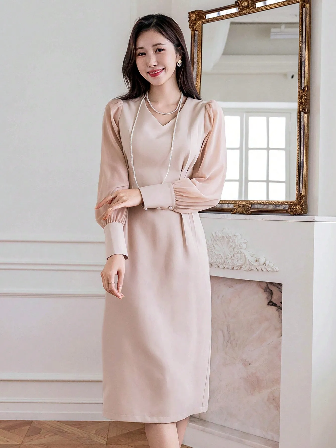 CM-DS286264 Women Casual Seoul Style V-Neck Patchwork Long Sleeve Mid-Length Dress