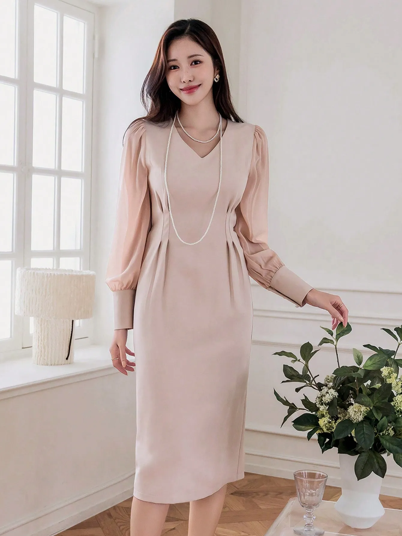 CM-DS286264 Women Casual Seoul Style V-Neck Patchwork Long Sleeve Mid-Length Dress