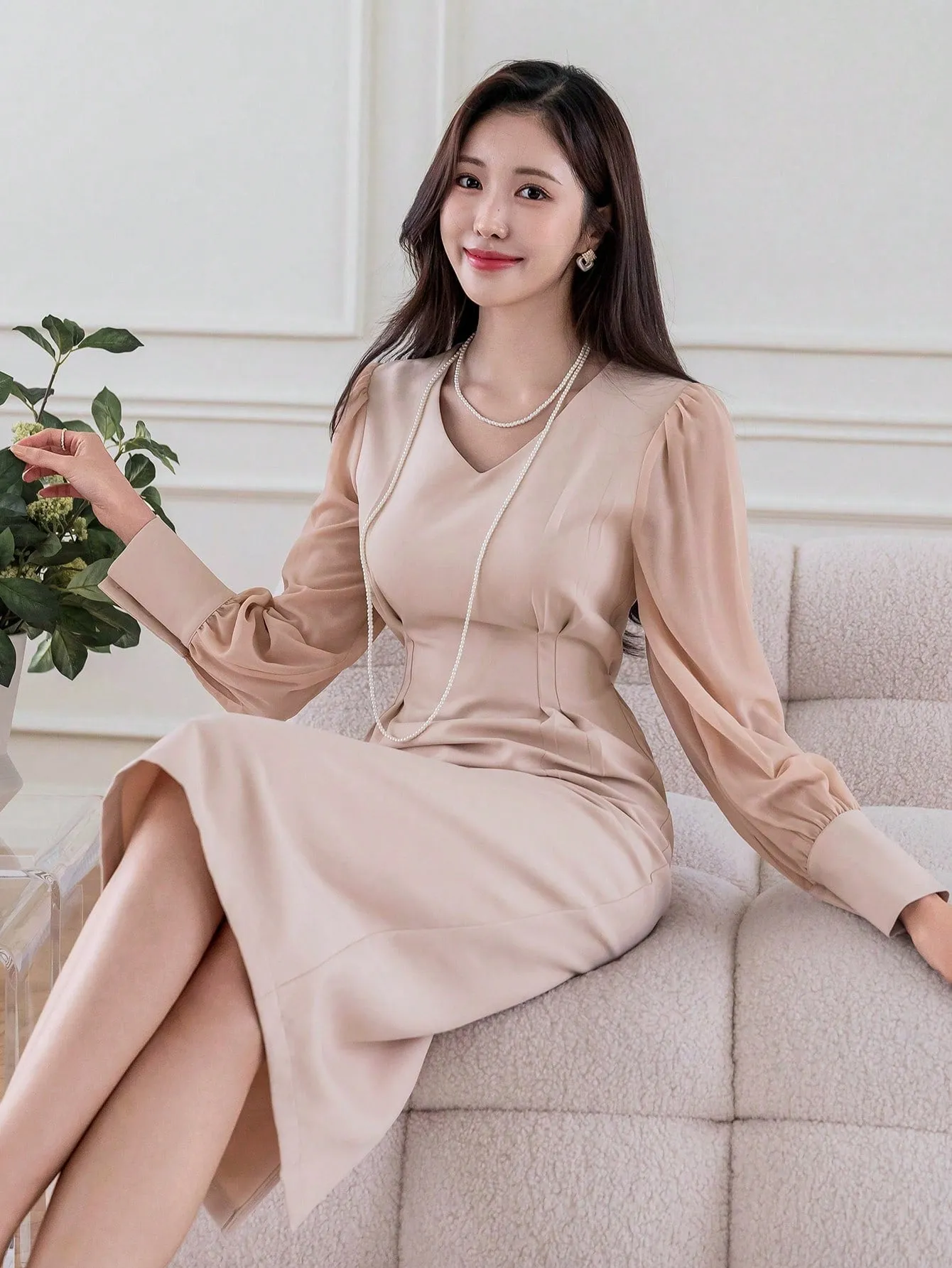 CM-DS286264 Women Casual Seoul Style V-Neck Patchwork Long Sleeve Mid-Length Dress
