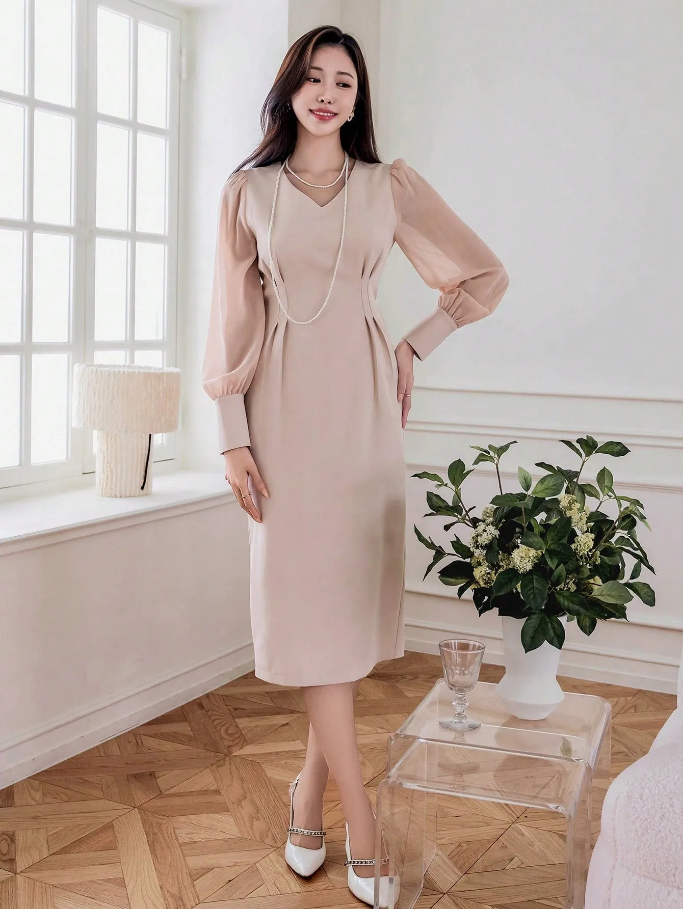 CM-DS286264 Women Casual Seoul Style V-Neck Patchwork Long Sleeve Mid-Length Dress