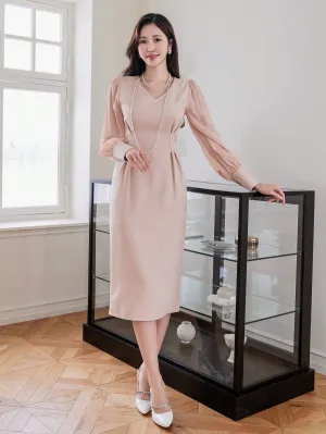 CM-DS286264 Women Casual Seoul Style V-Neck Patchwork Long Sleeve Mid-Length Dress