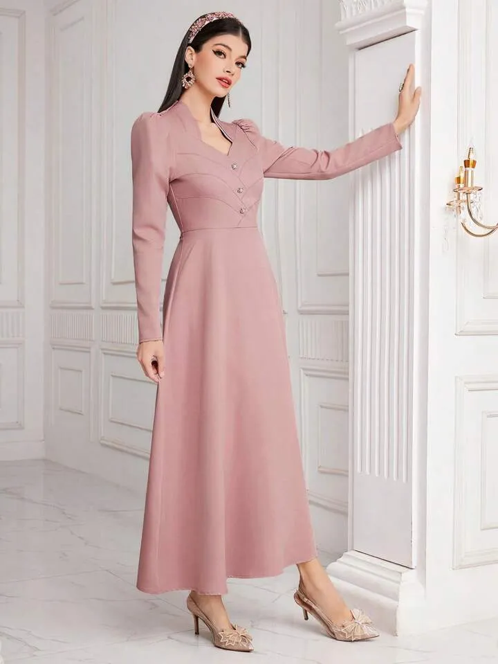 CM-DS404115 Women Elegant Seoul Style Sweetheart Neckline Button Detail Belted Dress - Pink