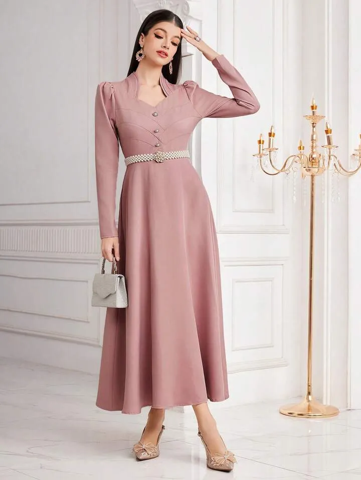 CM-DS404115 Women Elegant Seoul Style Sweetheart Neckline Button Detail Belted Dress - Pink