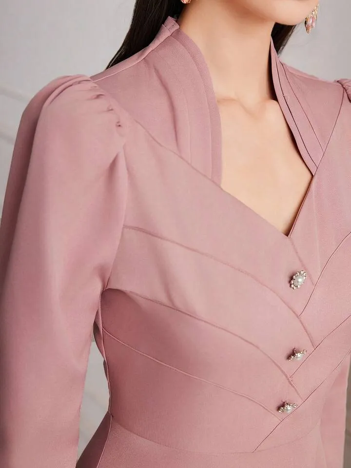 CM-DS404115 Women Elegant Seoul Style Sweetheart Neckline Button Detail Belted Dress - Pink