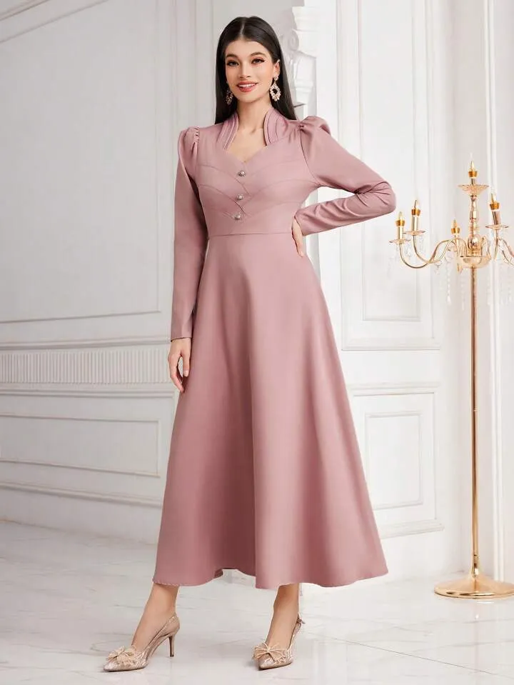 CM-DS404115 Women Elegant Seoul Style Sweetheart Neckline Button Detail Belted Dress - Pink