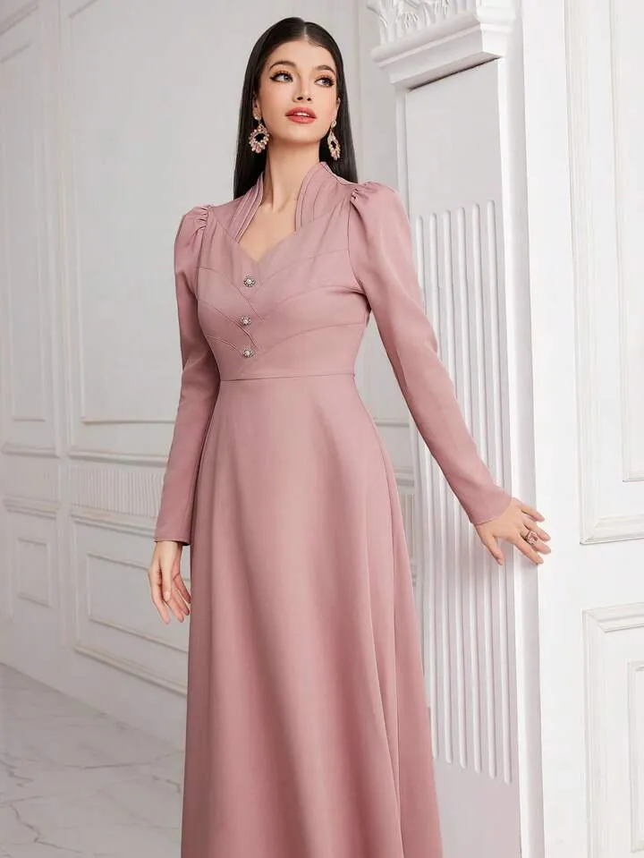 CM-DS404115 Women Elegant Seoul Style Sweetheart Neckline Button Detail Belted Dress - Pink