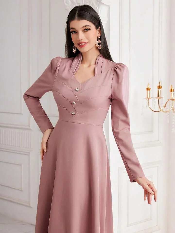 CM-DS404115 Women Elegant Seoul Style Sweetheart Neckline Button Detail Belted Dress - Pink
