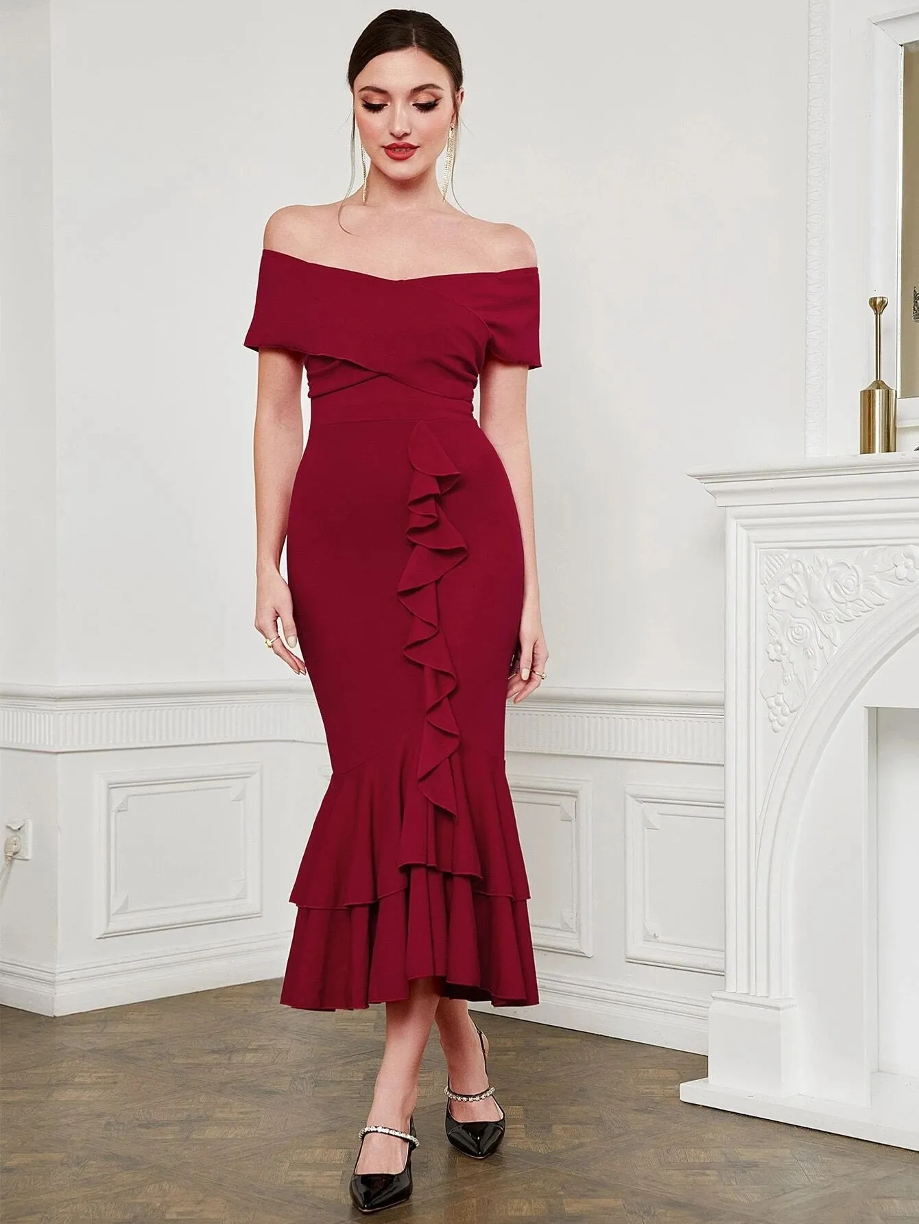 CM-DS611471 Women Elegant Seoul Style Off Shoulder Ruffle Trim Mermaid Hem Dress - Burgundy
