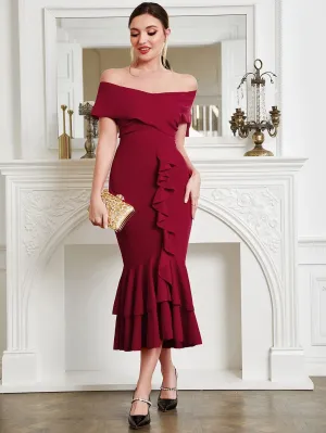 CM-DS611471 Women Elegant Seoul Style Off Shoulder Ruffle Trim Mermaid Hem Dress - Burgundy