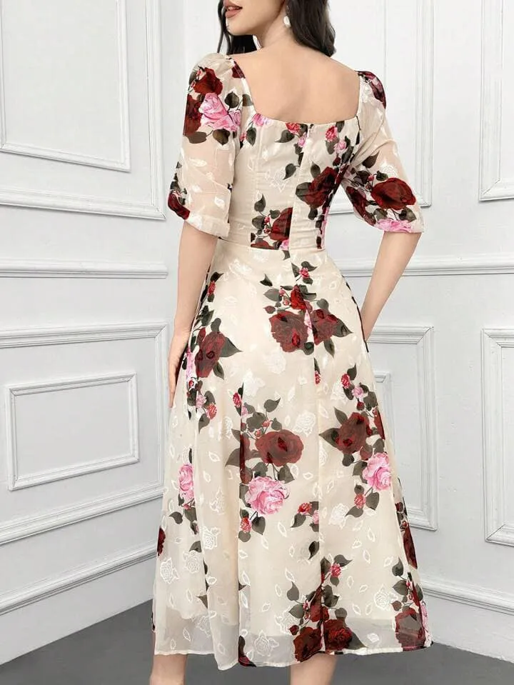 CM-DS623899 Women Elegant Seoul Style Floral Print Sweetheart Neckline Chest Twisted Bubble Sleeve Dress