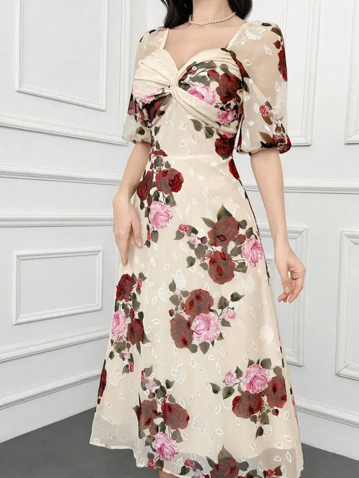 CM-DS623899 Women Elegant Seoul Style Floral Print Sweetheart Neckline Chest Twisted Bubble Sleeve Dress