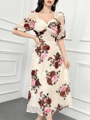 CM-DS623899 Women Elegant Seoul Style Floral Print Sweetheart Neckline Chest Twisted Bubble Sleeve Dress