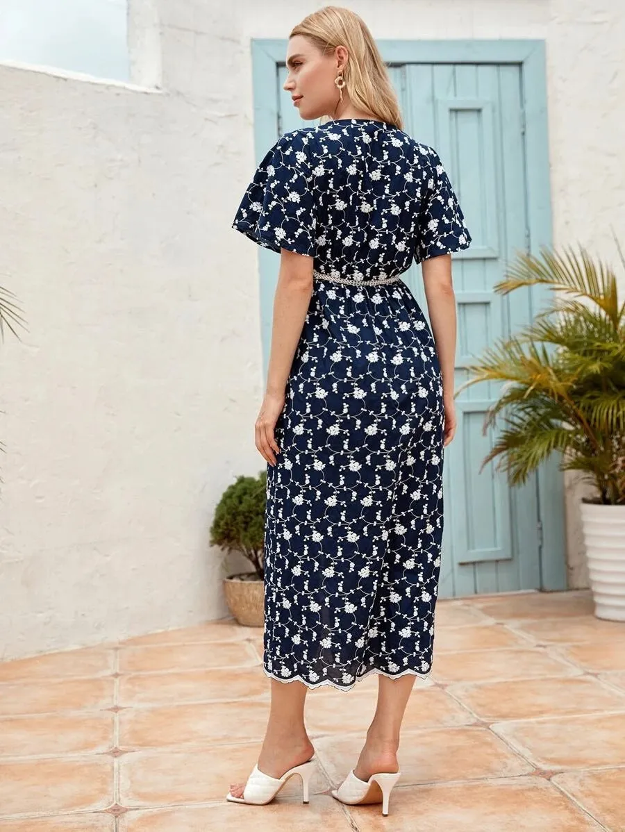 CM-DS702091 Women Casual Seoul Style Butterfly Sleeve Floral Print A-Line Dress - Navy Blue