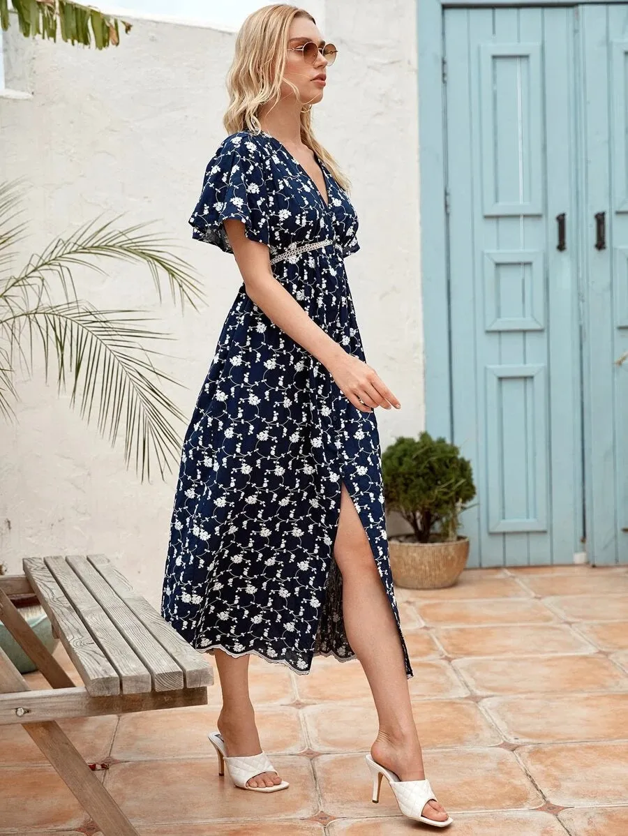 CM-DS702091 Women Casual Seoul Style Butterfly Sleeve Floral Print A-Line Dress - Navy Blue